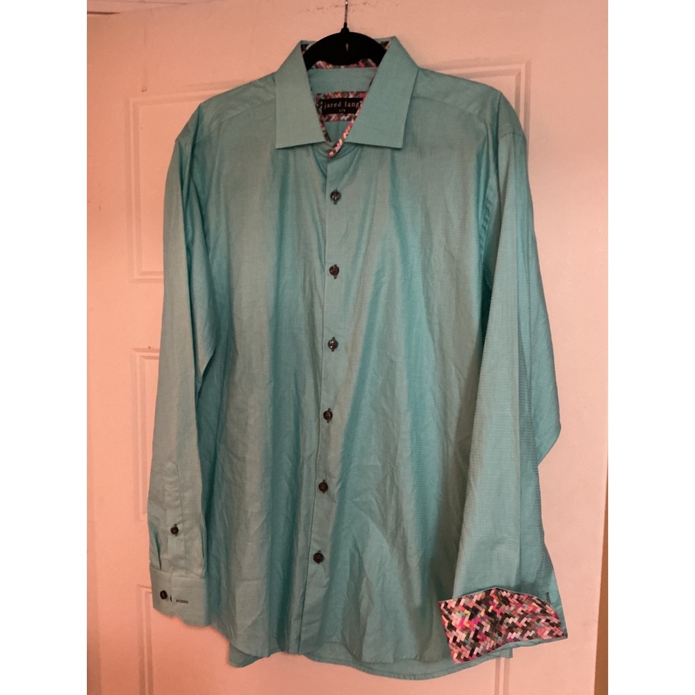 Jared‎ Lang Mens Turquoise Aqua Textured Button Down Shirt Geometric Trim L 4